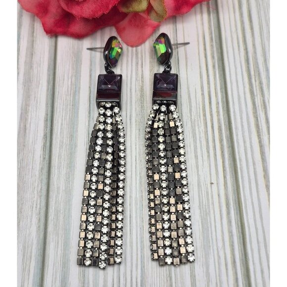 DKNY Gun Metal Crystal Chain Tassel Dangle Earrings Purple Iridescent 3.5" Prom - Picture 6 of 7